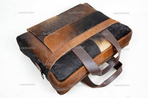 Cowhide Laptop Briefcase Bag | Natural Cowhide Office Satchel Bag | Cowhide Messenger Bag | Cowhide File Bag | Documents Bag | OB27