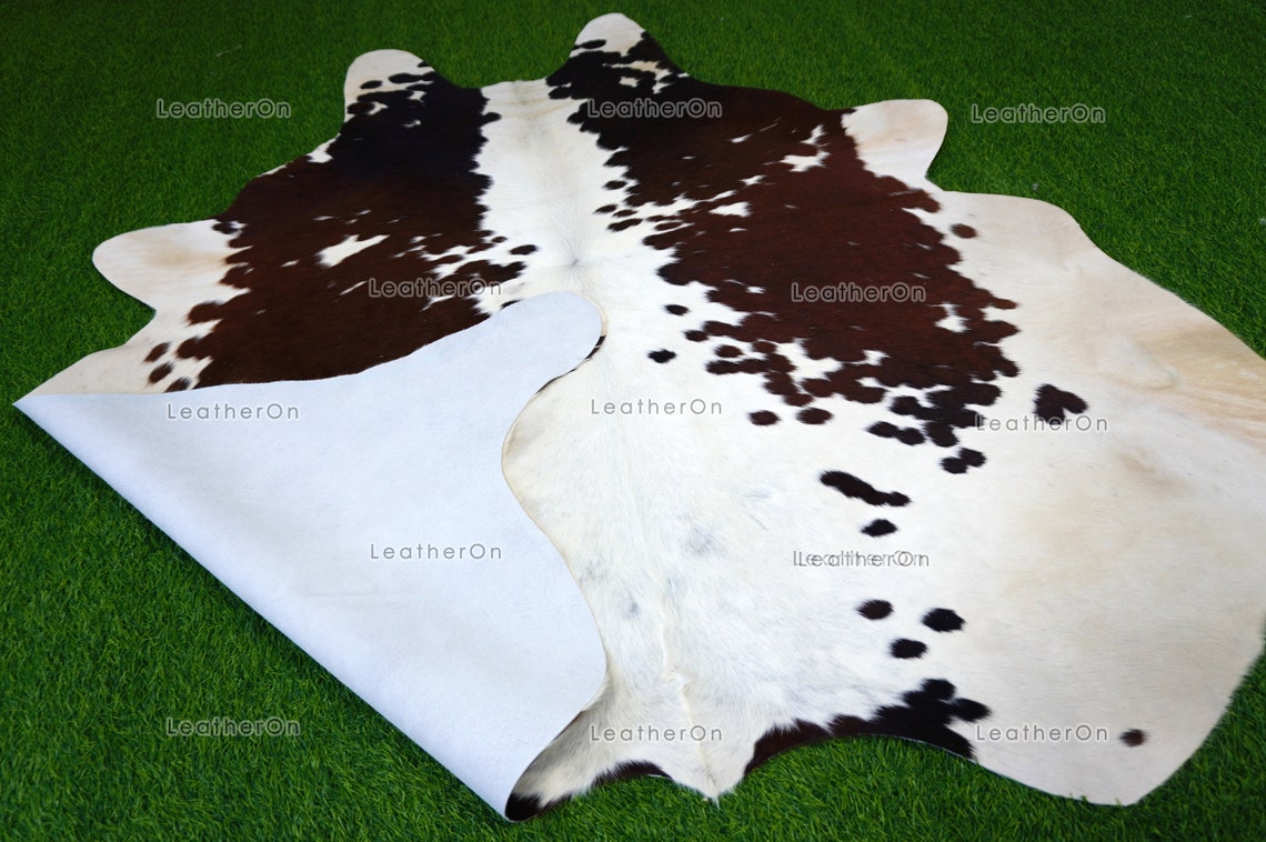 Tricolor Large (5.2 X 5.6 ft.) Exact As Photo Cowhide Area RUG | 100% Natural Cowhide Area Rug | Genuine Hair-on Cowhide Leather Rug | C686
