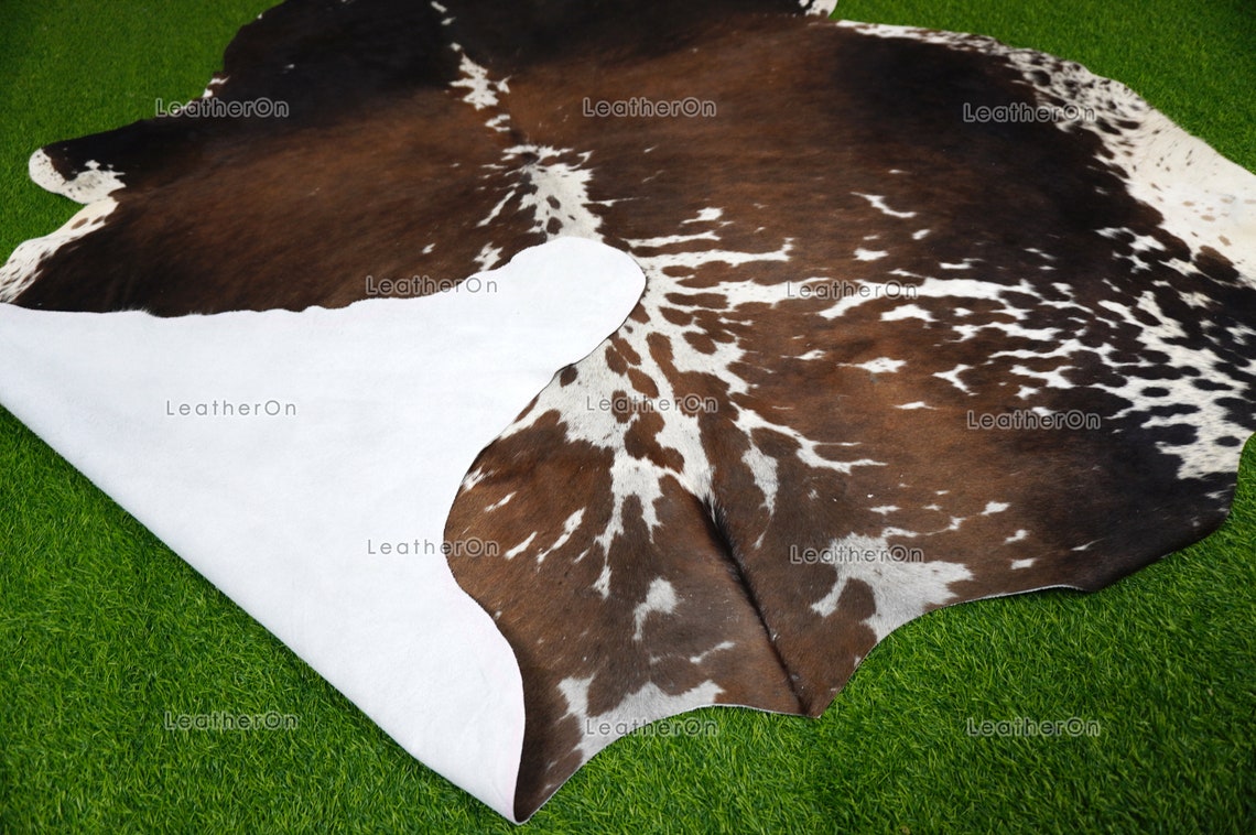 Tricolor XLARGE (5.9 X 6 ft.) Exact As Photo Cowhide Rug | 100% Natural Cowhide Area Rug | Real Hair-on Leather Cowhide Rug | C706