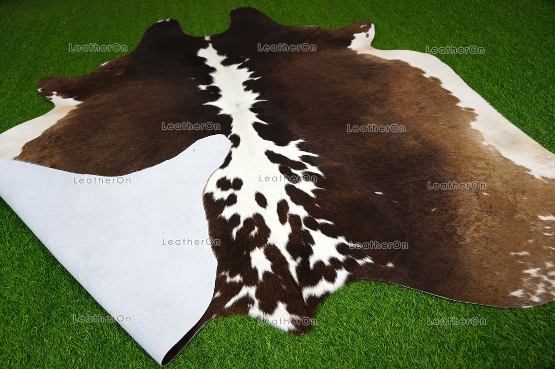 Tricolor Large (5.5 X 5.8 ft.) Exact As Photo Cowhide Area RUG | 100% Natural Cowhide Rug | Genuine Hair-on Cowhide Leather Rug | C714