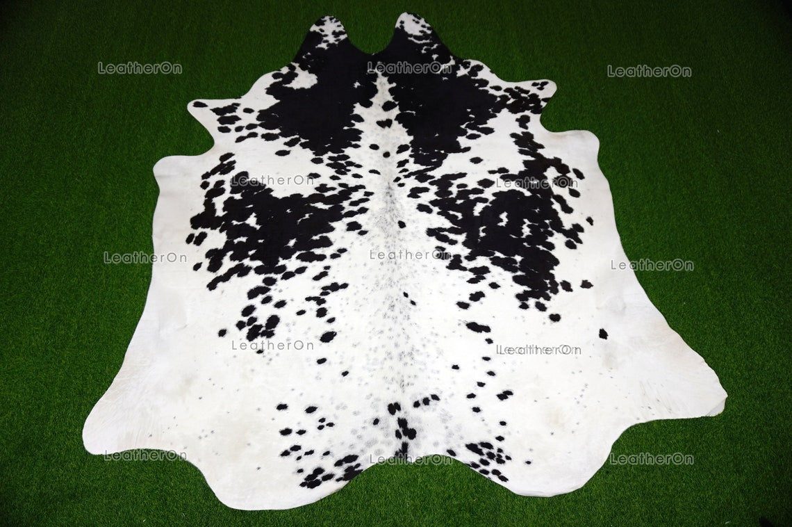 Black White XLARGE (7 X 6.6 ft.) Exact As Photo Cowhide Rug | 100% Natural Cowhide Area Rug | Real Hair-on Leather Cowhide Rug | C725