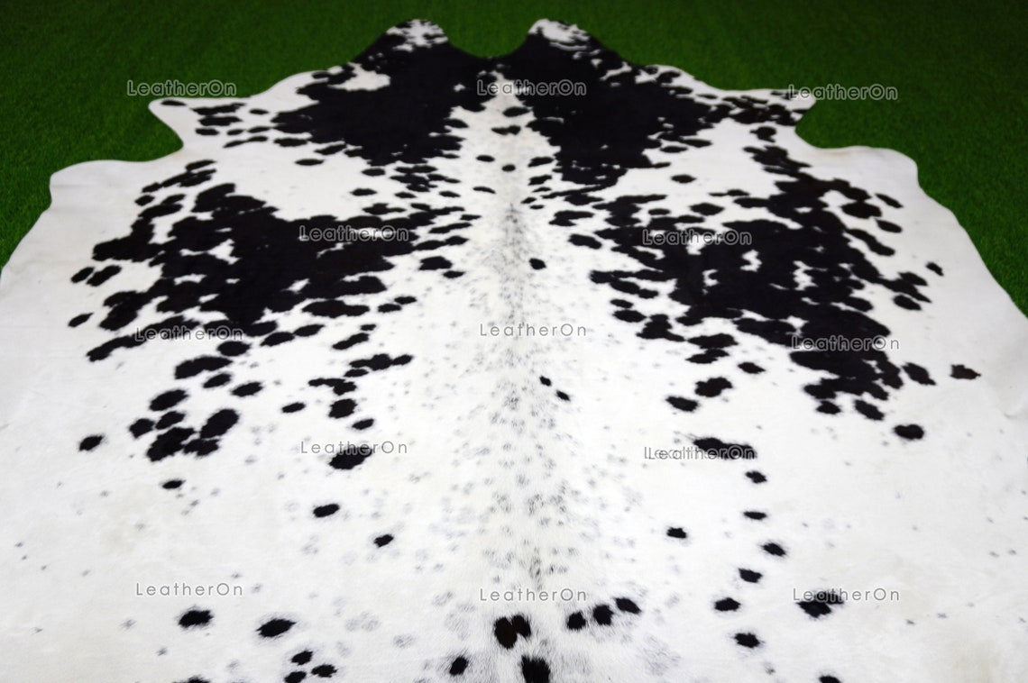 Black White XLARGE (7 X 6.6 ft.) Exact As Photo Cowhide Rug | 100% Natural Cowhide Area Rug | Real Hair-on Leather Cowhide Rug | C725