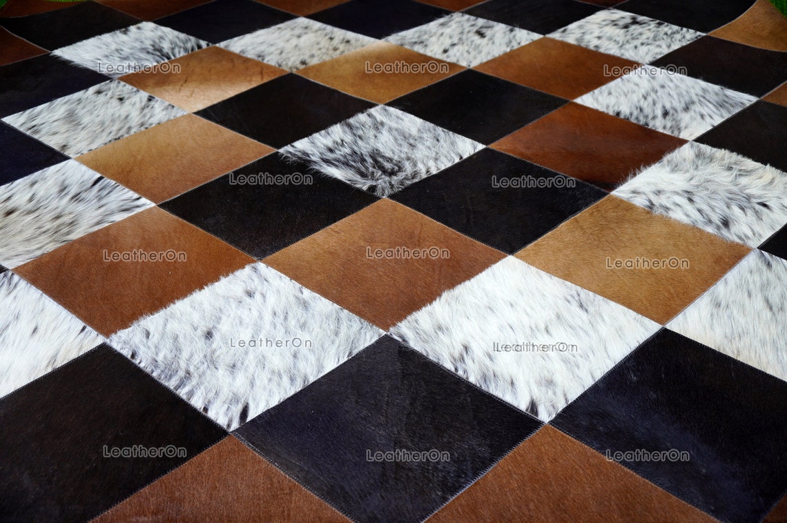 HANDMADE 100% Natural COWHIDE AREA RUG | Cowhide Patchwork Rug | Real Cowhide Hallway Runner | Hair on Leather Carpet | PR153