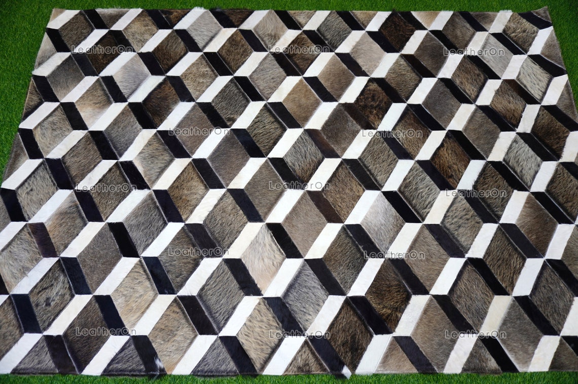 3D HANDMADE 100% Natural COWHIDE AREA RUG | 3D Patchwork Hair on Cowhide Leather Carpet | PR150