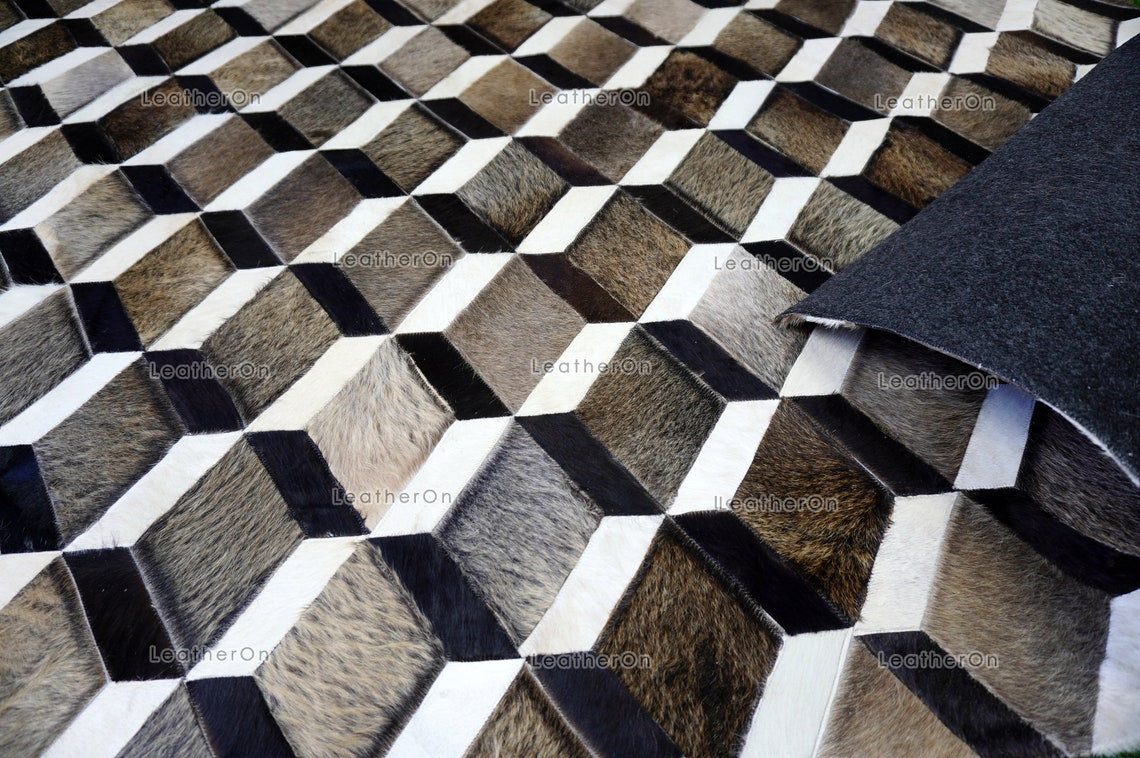 3D HANDMADE 100% Natural COWHIDE AREA RUG | 3D Patchwork Hair on Cowhide Leather Carpet | PR150