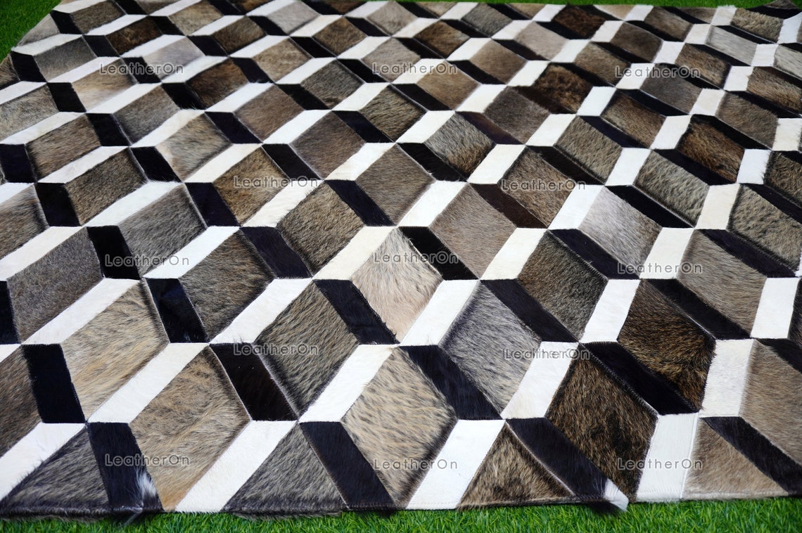3D HANDMADE 100% Natural COWHIDE AREA RUG | 3D Patchwork Hair on Cowhide Leather Carpet | PR150