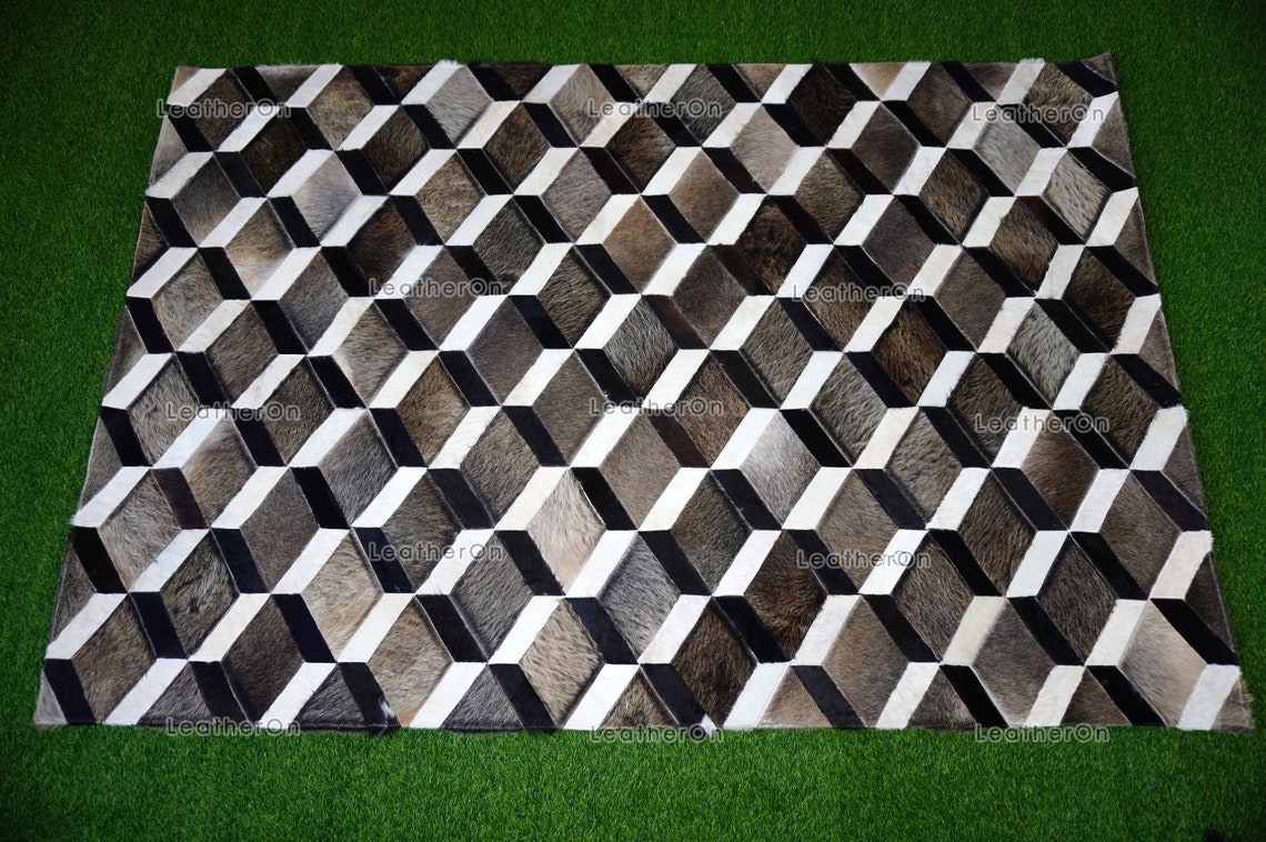3D HANDMADE 100% Natural COWHIDE AREA RUG | 3D Patchwork Hair on Cowhide Leather Carpet | PR150