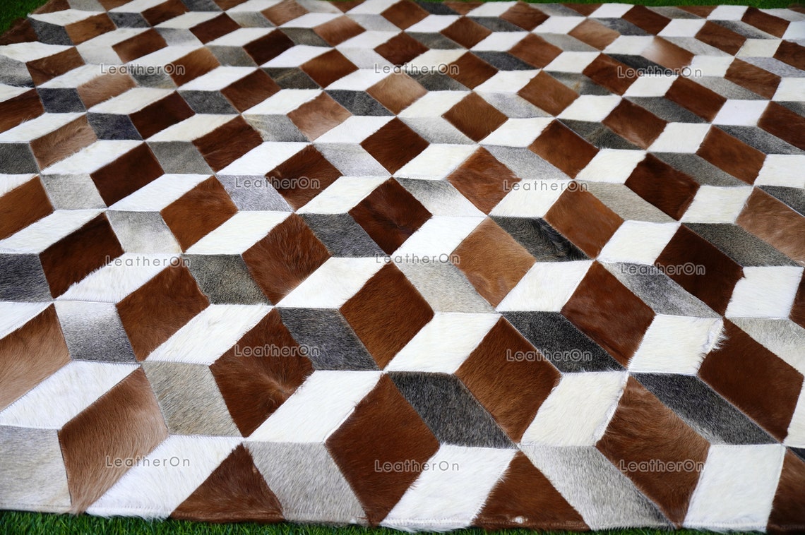3D HANDMADE 100% Natural COWHIDE AREA RUG | 3D Patchwork Hair on Cowhide Leather Carpet | PR151