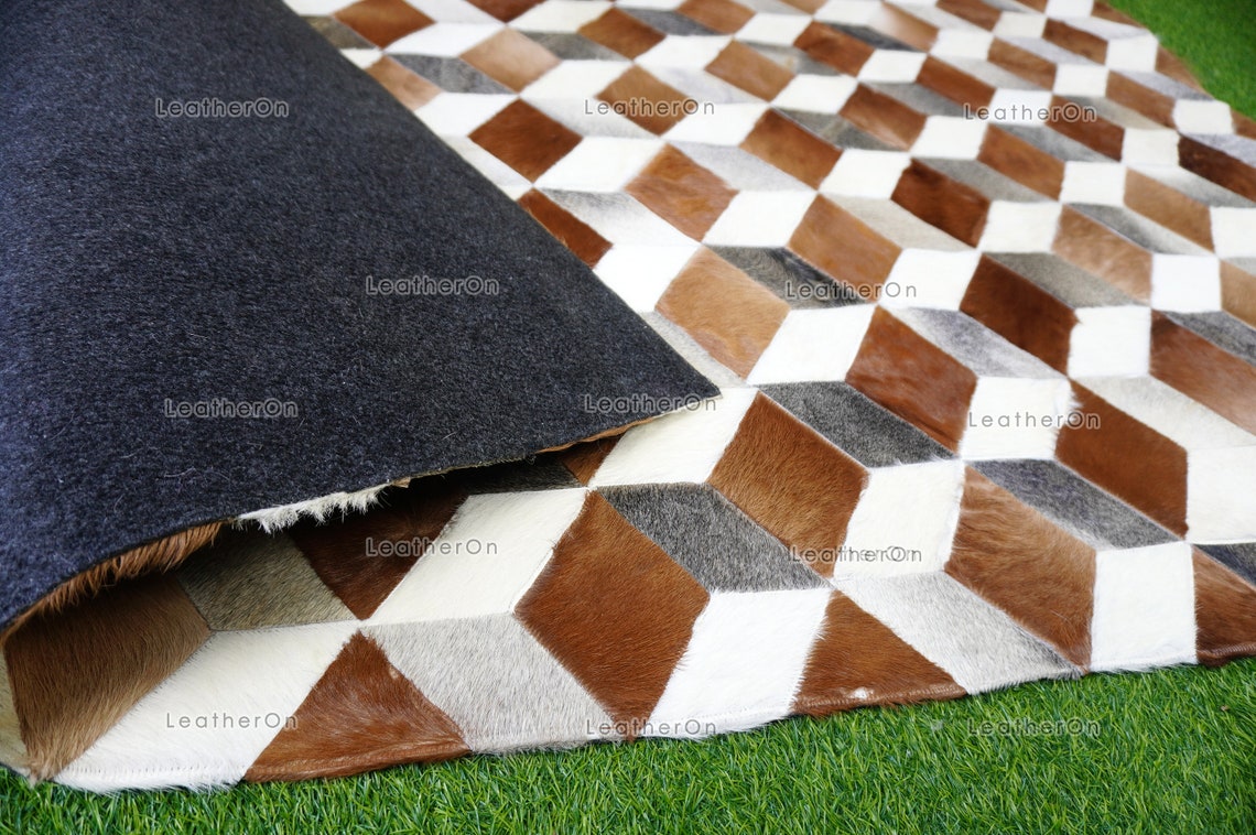 3D HANDMADE 100% Natural COWHIDE AREA RUG | 3D Patchwork Hair on Cowhide Leather Carpet | PR151
