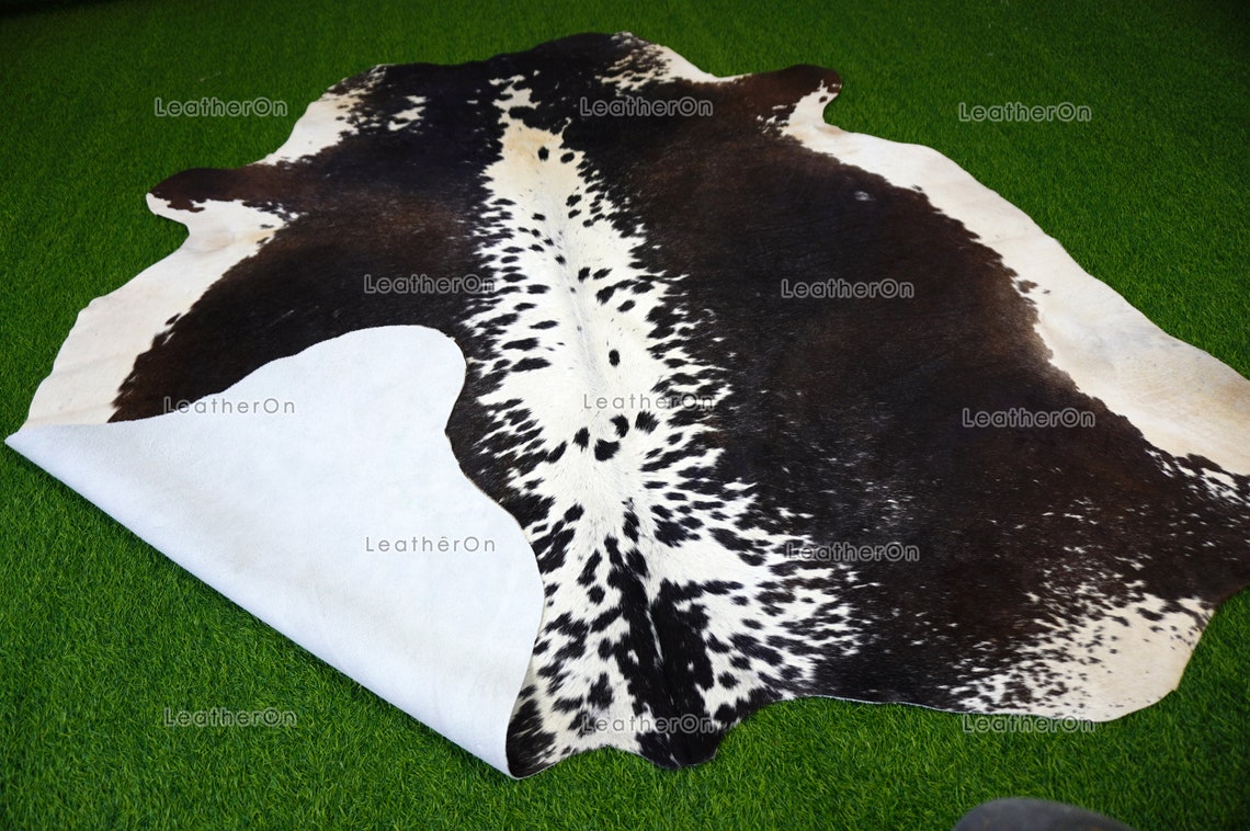 Tricolor XLARGE (6 X 5.8 ft.) Exact As Photo Cowhide Rug | 100% Natural Cowhide Area Rug | Real Hair-on Leather Cowhide Rug | C684
