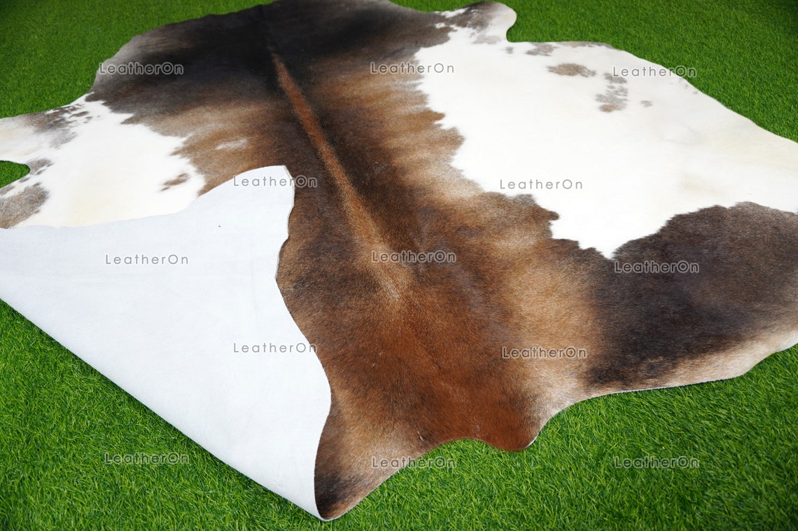 Tricolor XLARGE (6 X 6 ft.) Exact As Photo Cowhide Rug | 100% Natural Cowhide Area Rug | Real Hair-on Leather Cowhide Rug | C707