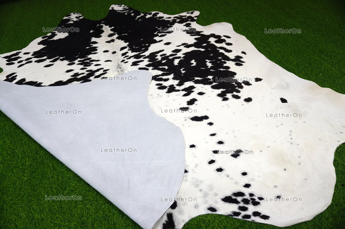 Black White XLARGE (7 X 6.6 ft.) Exact As Photo Cowhide Rug | 100% Natural Cowhide Area Rug | Real Hair-on Leather Cowhide Rug | C725