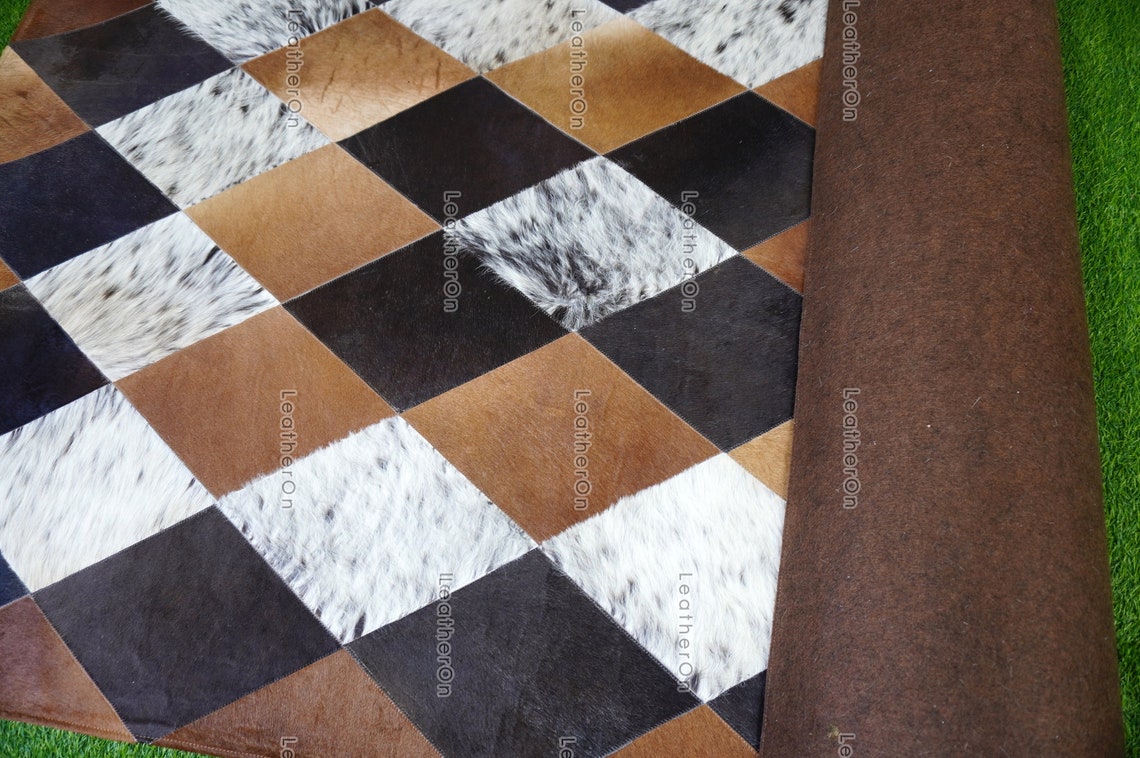 HANDMADE 100% Natural COWHIDE AREA RUG | Cowhide Patchwork Rug | Real Cowhide Hallway Runner | Hair on Leather Carpet | PR153