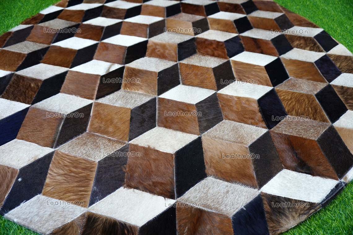 3D HANDMADE 100% Natural COWHIDE RUG (4 X 4 ft.) | 3D Patchwork Cowhide Area Rug | Real Hair on Leather Cowhide Area Rug | PR143