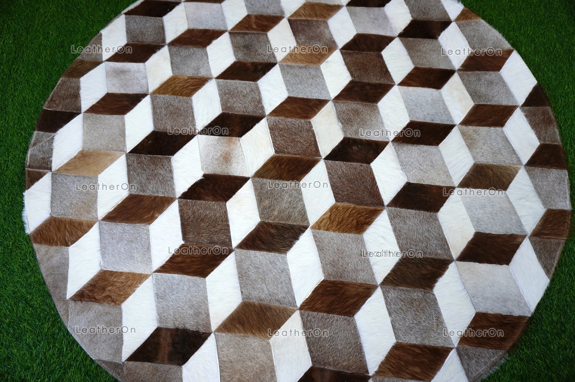 3D HANDMADE 100% Natural COWHIDE RUG (4 X 4 ft.) | 3D Patchwork Cowhide Area Rug | Real Hair on Leather Cowhide Area Rug | PR146
