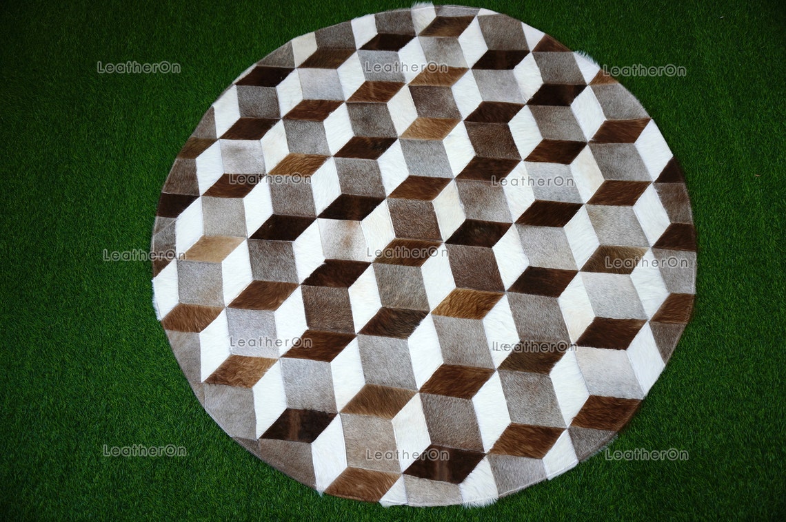 3D HANDMADE 100% Natural COWHIDE RUG (4 X 4 ft.) | 3D Patchwork Cowhide Area Rug | Real Hair on Leather Cowhide Area Rug | PR146