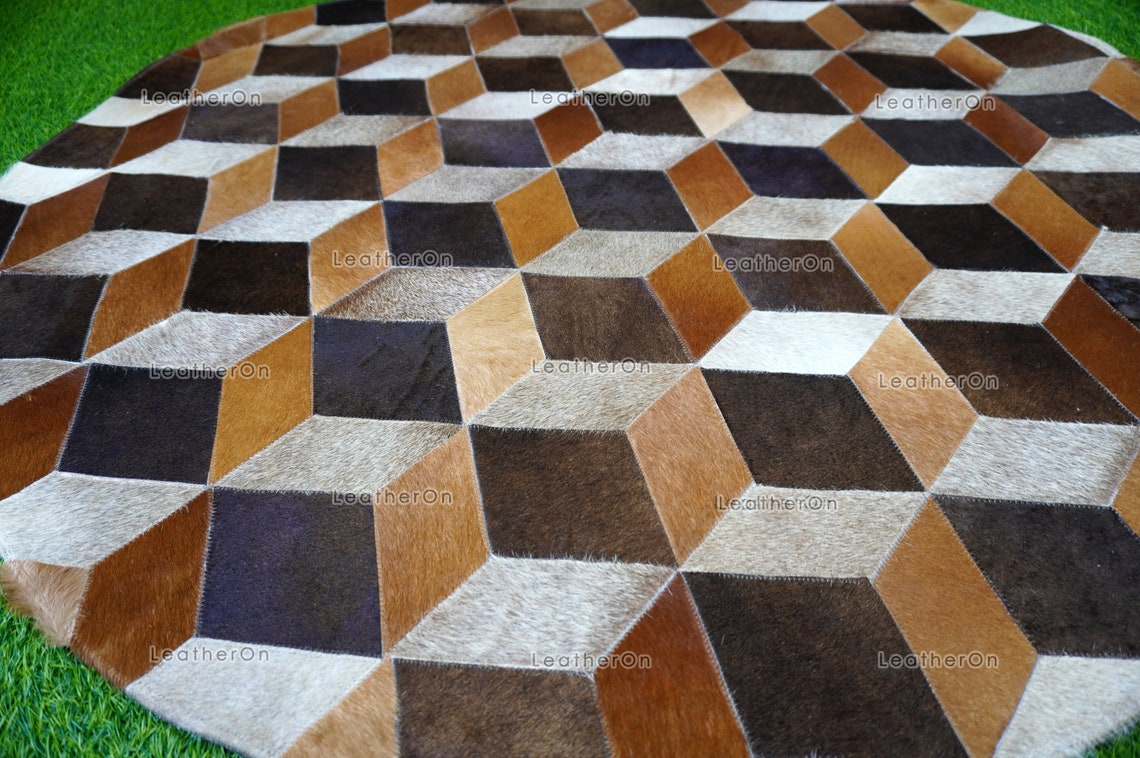3D HANDMADE 100% Natural COWHIDE RUG (4 X 4 ft.) | 3D Patchwork Cowhide Area Rug | Real Hair on Leather Cowhide Area Rug | PR148