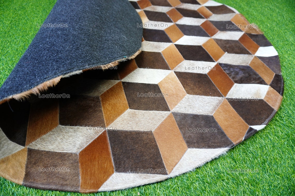 3D HANDMADE 100% Natural COWHIDE RUG (4 X 4 ft.) | 3D Patchwork Cowhide Area Rug | Real Hair on Leather Cowhide Area Rug | PR148