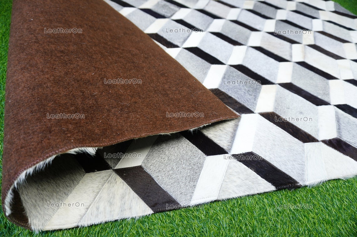3D HANDMADE 100% Natural COWHIDE RUG | 3D Patchwork Hair on Cowhide Leather Area Rug | PR149