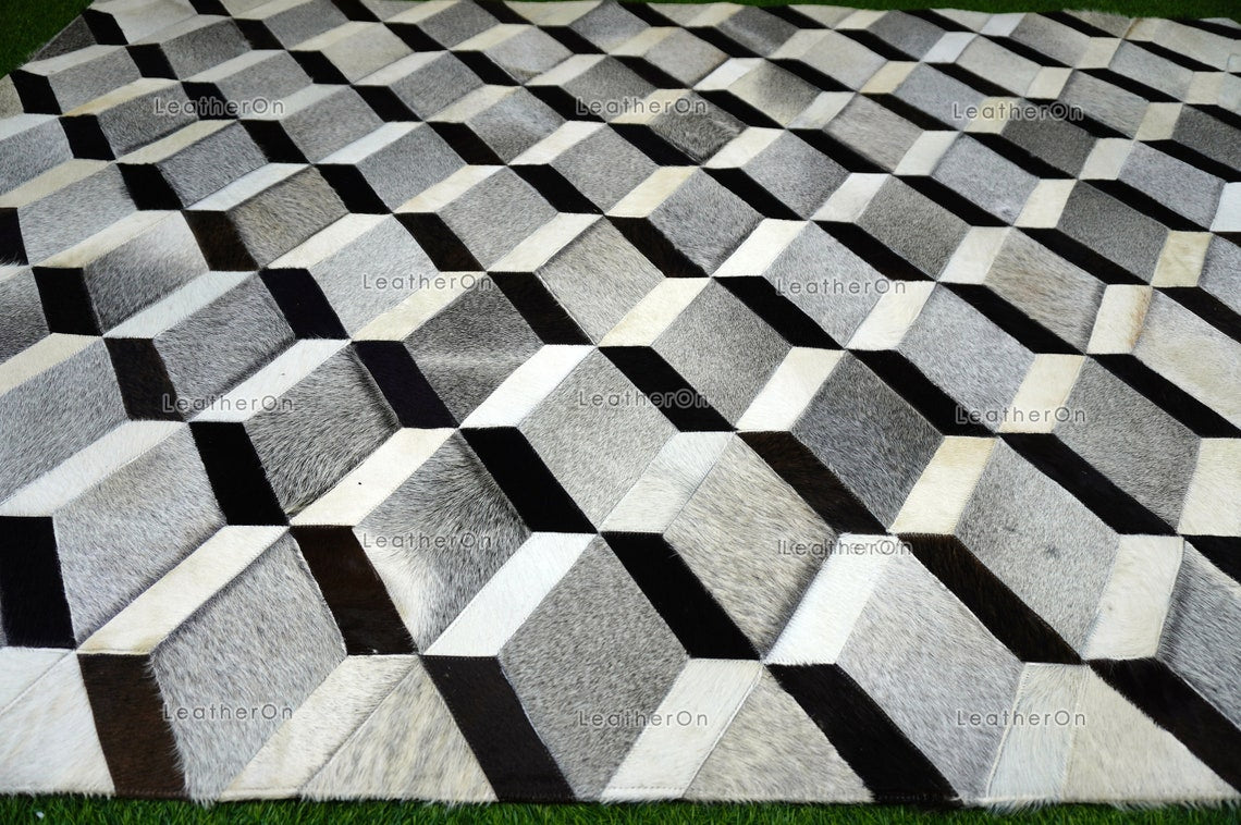 3D HANDMADE 100% Natural COWHIDE RUG | 3D Patchwork Hair on Cowhide Leather Area Rug | PR149