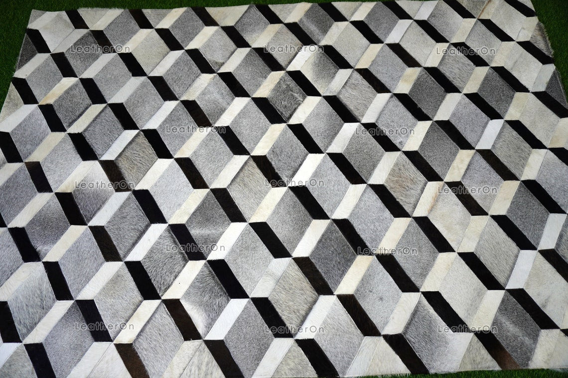 3D HANDMADE 100% Natural COWHIDE RUG | 3D Patchwork Hair on Cowhide Leather Area Rug | PR149