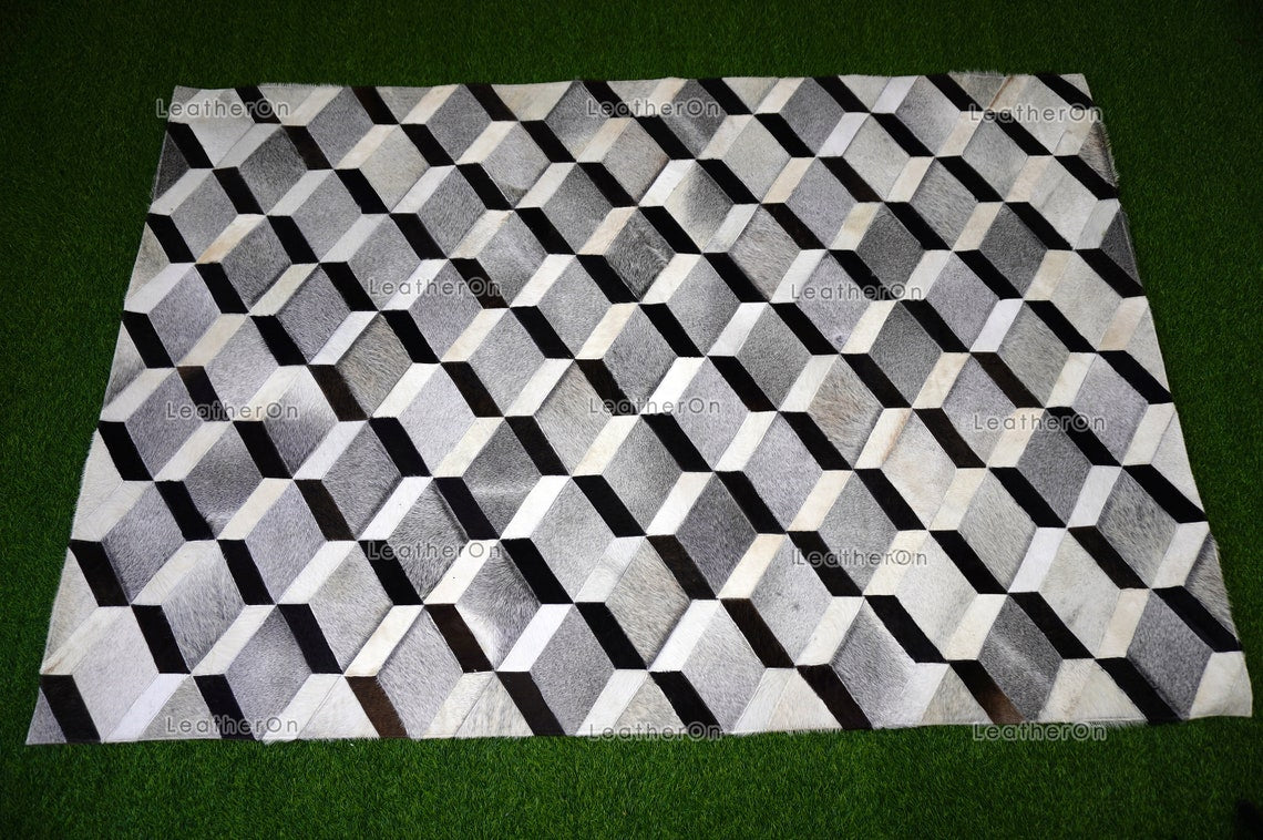 3D HANDMADE 100% Natural COWHIDE RUG | 3D Patchwork Hair on Cowhide Leather Area Rug | PR149