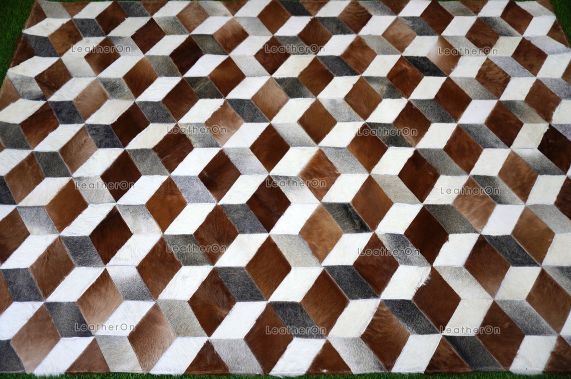 3D HANDMADE 100% Natural COWHIDE AREA RUG | 3D Patchwork Hair on Cowhide Leather Carpet | PR151