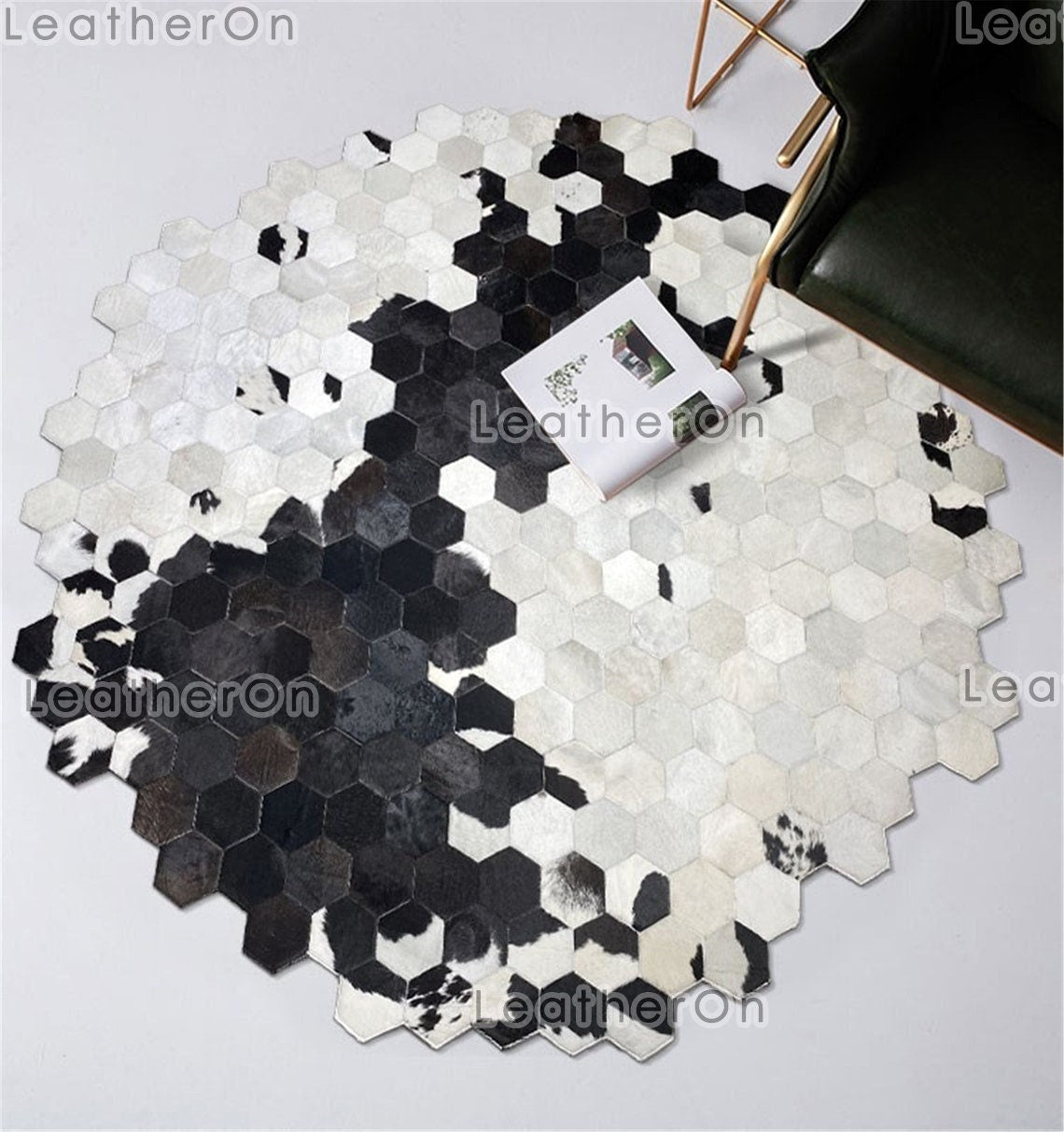 Artisanal Leather Cowhide Rug, Unique Patchwork Design, Hair-On Hide | Hair on Leather Cowhide Carpet | PR137