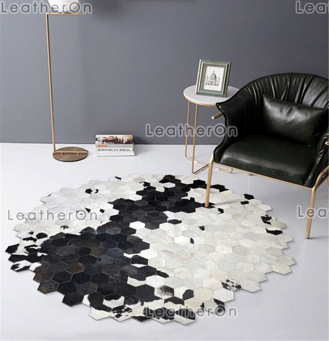 Artisanal Leather Cowhide Rug, Unique Patchwork Design, Hair-On Hide | Hair on Leather Cowhide Carpet | PR137