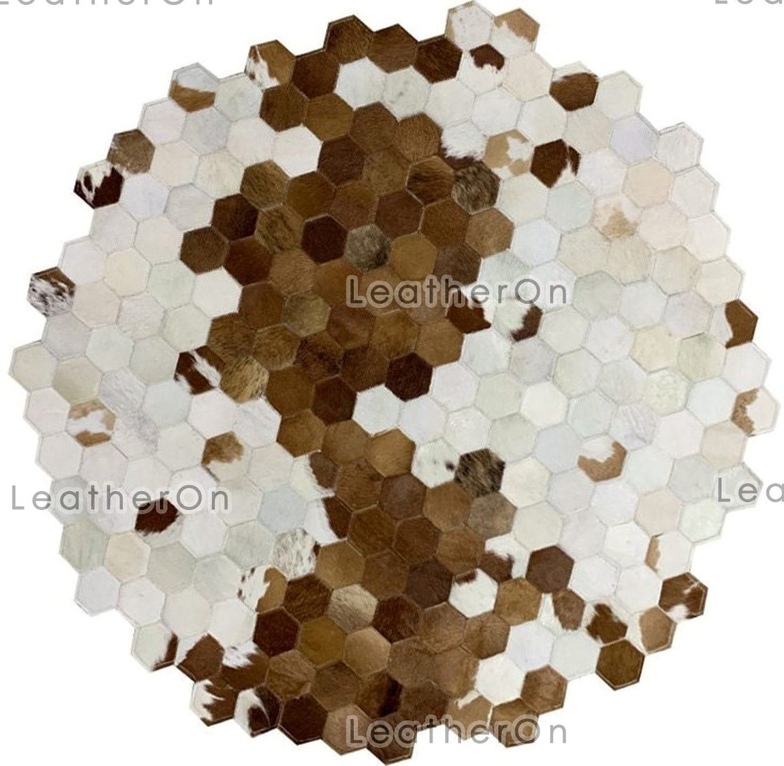 Artisanal Leather Cowhide Rug, Unique Patchwork Design, Hair-On Hide | Hair on Leather Cowhide Carpet | PR137