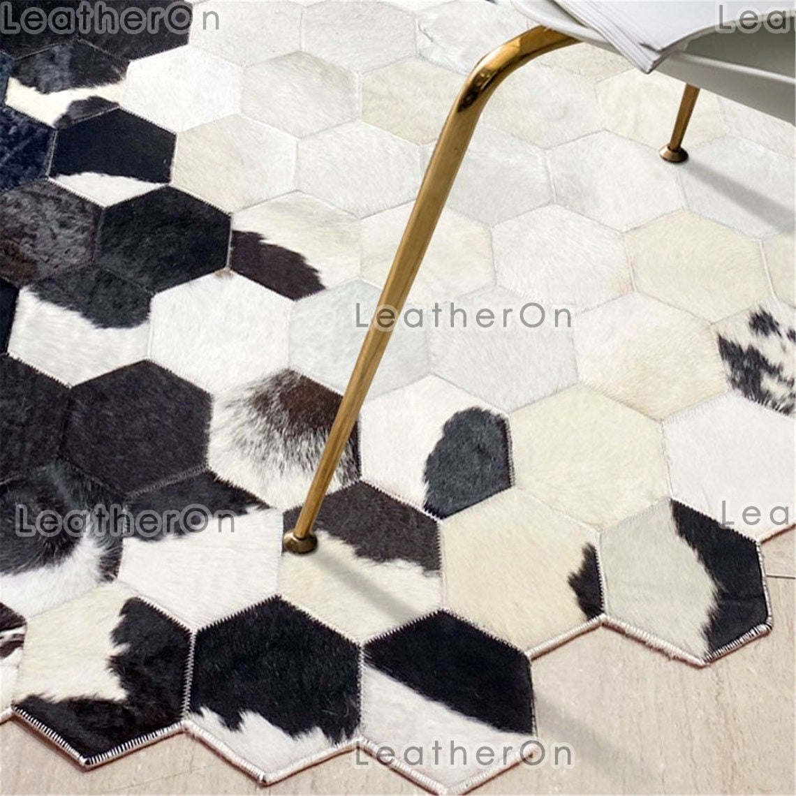 Artisanal Leather Cowhide Rug, Unique Patchwork Design, Hair-On Hide | Hair on Leather Cowhide Carpet | PR137