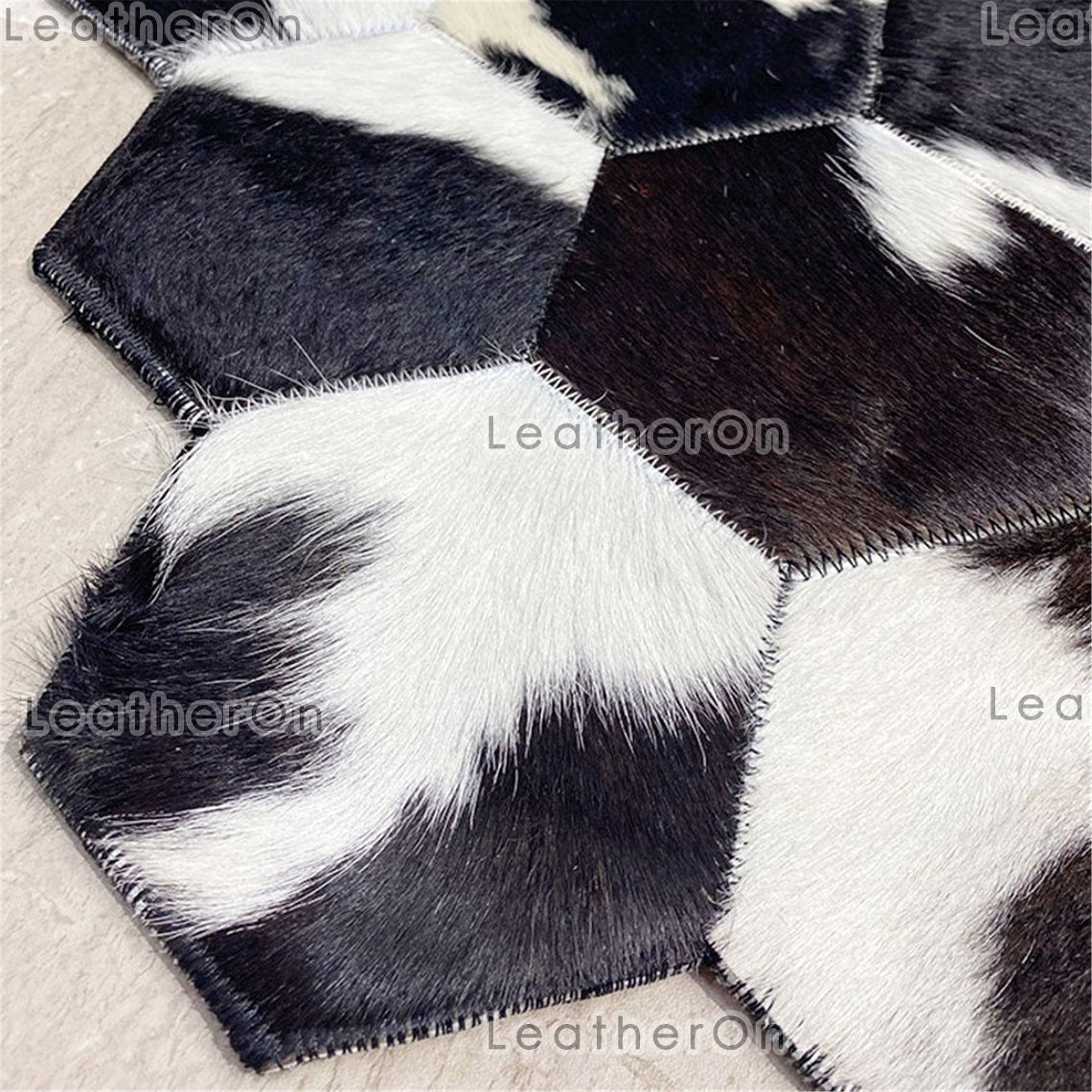 Artisanal Leather Cowhide Rug, Unique Patchwork Design, Hair-On Hide | Hair on Leather Cowhide Carpet | PR137