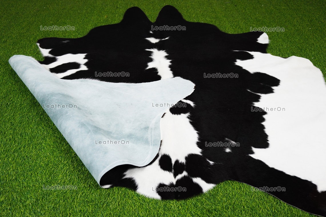 Black White XLARGE (6 X 6.5 ft.) Exact As Photo Cowhide Rug | 100% Natural Cowhide Area Rug | Real Hair-on Leather Cowhide Rug | C810