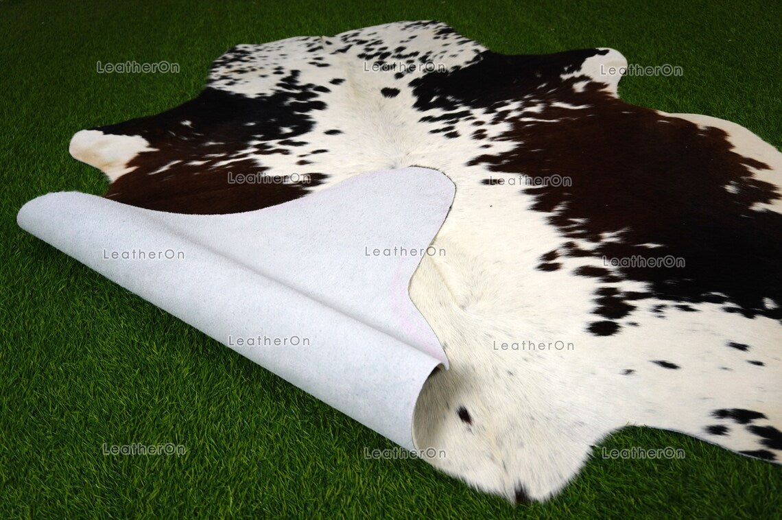 Tricolor Small (4.4 X 4.5 ft.) Exact As Photo Cowhide Rug | 100% Natural Cowhide Area Rug | Real Hair-on Leather Cowhide Rug | C816