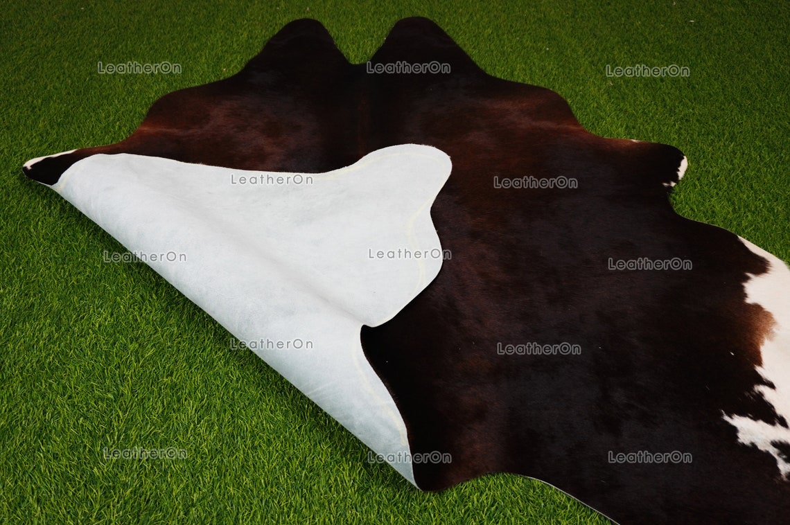 Tricolor Cowhide (5 X 4.9 ft.) Medium Size Exact As Photo Cowhide RUG | 100% Natural Cowhide Rug | Real Hair-on Cowhide Leather Rug | C836