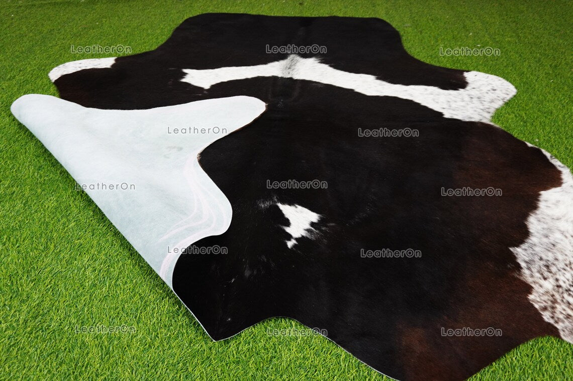 Tricolor XLARGE (5.7 X 6 ft.) Exact As Photo Cowhide Rug | 100% Natural Cowhide Area Rug | Real Hair-on Leather Cowhide Rug | C838