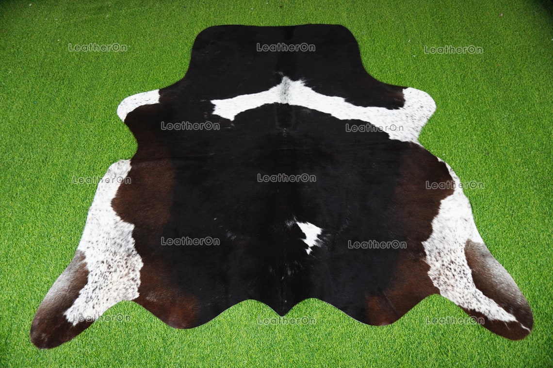 Tricolor XLARGE (5.7 X 6 ft.) Exact As Photo Cowhide Rug | 100% Natural Cowhide Area Rug | Real Hair-on Leather Cowhide Rug | C838