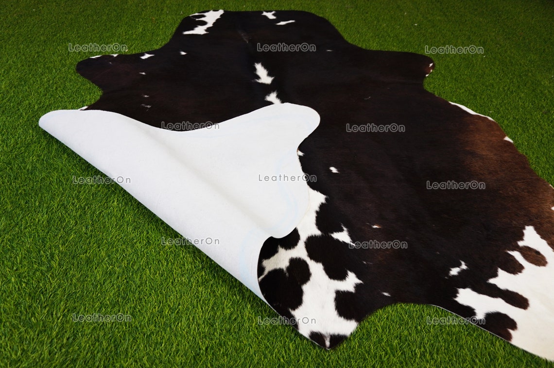 Tricolor Large (5.2 X 5.5 ft.) Exact As Photo Cowhide Area RUG | 100% Natural Cowhide Rug | Genuine Hair-on Cowhide Leather Rug | C828