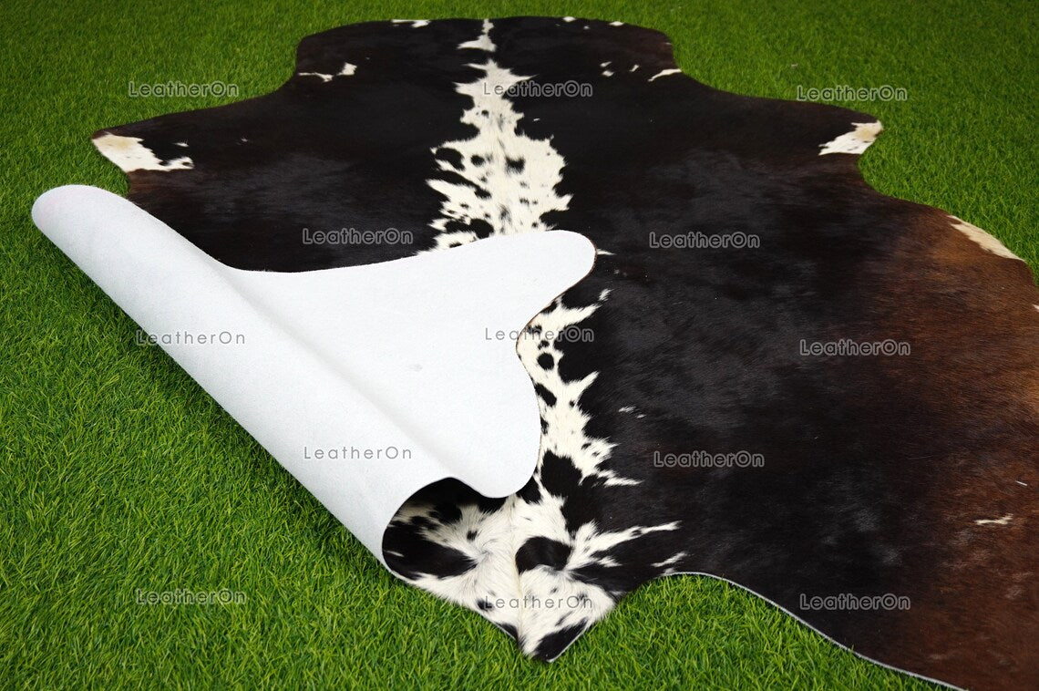 Tricolor Small (4.5 X 4.8 ft.) Exact As Photo Cowhide Rug | 100% Natural Cowhide Area Rug | Real Hair-on Leather Cowhide Rug | C843