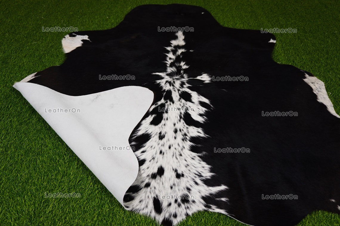 Black White Small (4.5 X 4.9 ft.) Exact As Photo Cowhide Rug | 100% Natural Cowhide Area Rug | Real Hair-on Leather Cowhide Rug | C851