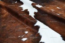 Load image into Gallery viewer, Tricolor Small (4.9 X 4.7 ft.) Exact As Photo Cowhide Rug | 100% Natural Cowhide Area Rug | Real Hair-on Leather Cowhide Rug | C860
