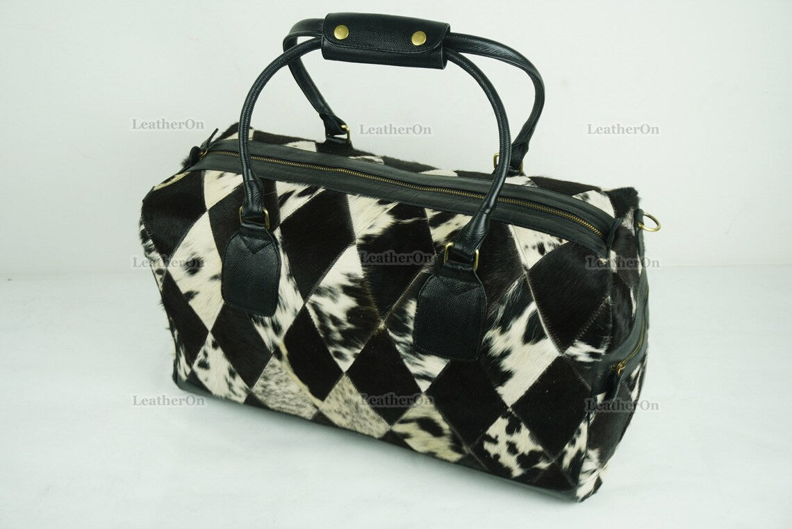 Cowhide Patchwork Duffel Bag | Natural Cowhide Duffel Bag | Hair-On-Leather Travel Bag | Cowhide Luggage Bag | Handmade Duffel Bag | DB92