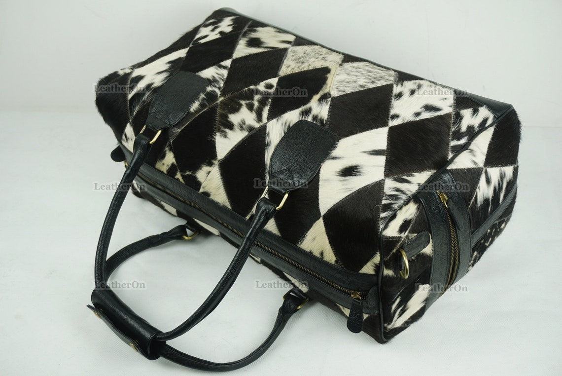 Cowhide Patchwork Duffel Bag | Natural Cowhide Duffel Bag | Hair-On-Leather Travel Bag | Cowhide Luggage Bag | Handmade Duffel Bag | DB92