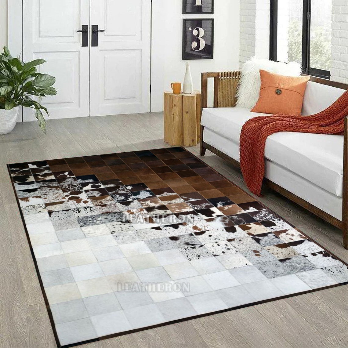 HANDMADE 100% Natural COWHIDE RUG | Patchwork Cowhide Area Rug | Real Cowhide Hallway Runner | Hair on Leather Cowhide Carpet | PR198