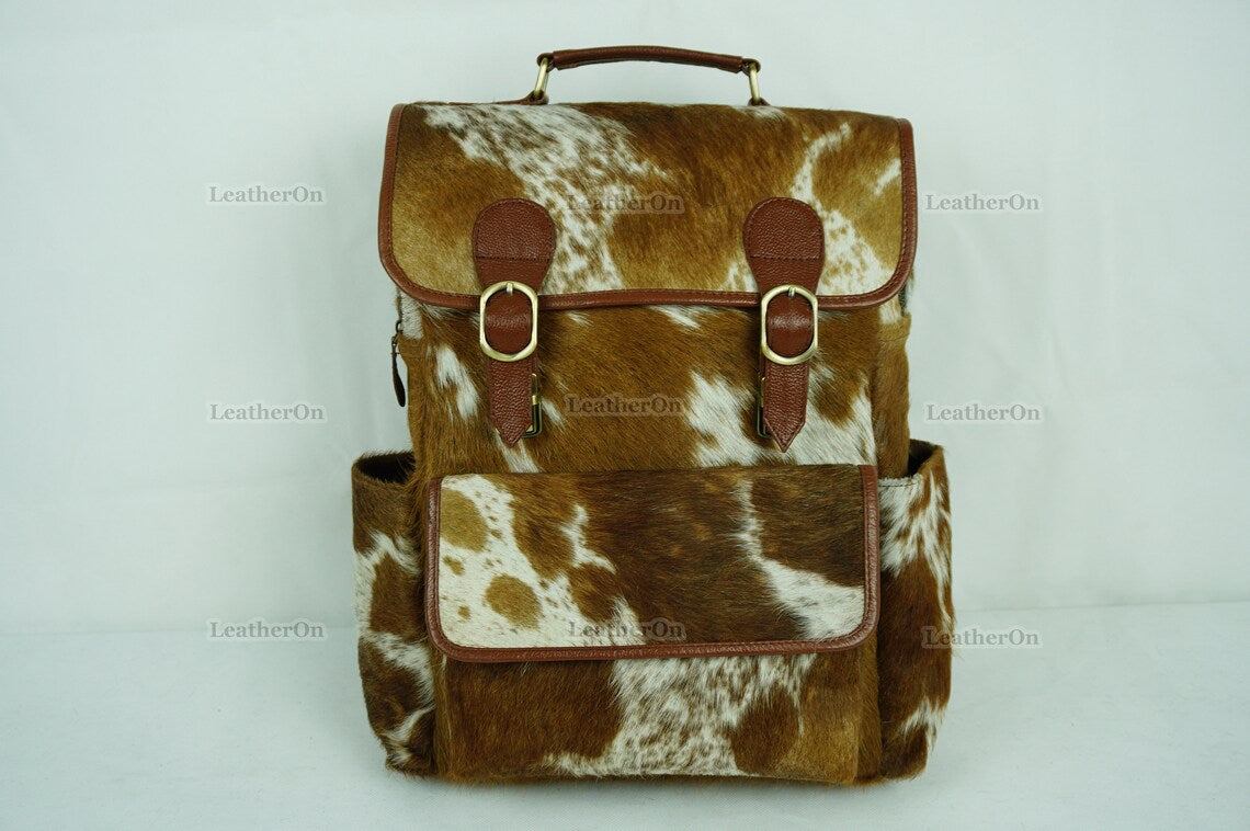 Cowhide Backpack | Real Hair On Cowhide Leather Backpack | Cowhide Diaper Bag | Cowhide School Bag | Cowhide Backpack with Key Lock | BP103
