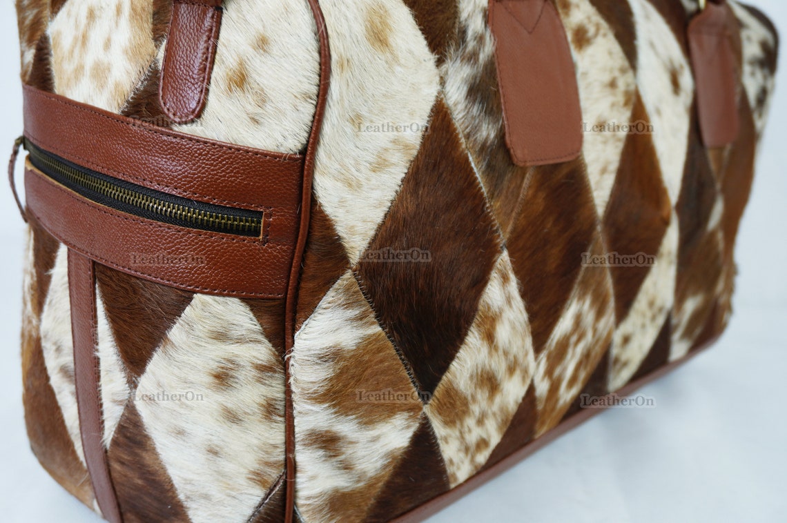 Cowhide Patchwork Duffel Bag | Natural Cowhide Duffel Bag | Hair-On-Leather Travel Bag | Cowhide Luggage Bag | Handmade Duffel Bag | DB93