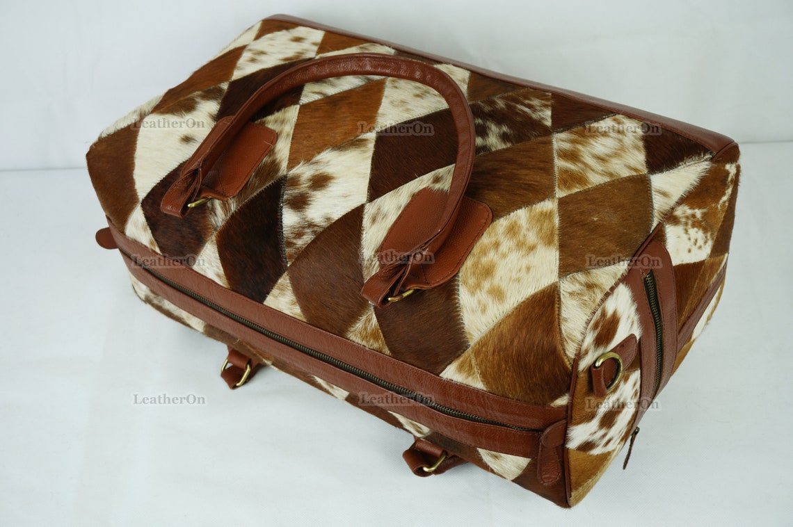 Cowhide Patchwork Duffel Bag | Natural Cowhide Duffel Bag | Hair-On-Leather Travel Bag | Cowhide Luggage Bag | Handmade Duffel Bag | DB93