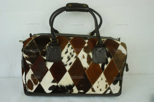 Cowhide Patchwork Duffel Bag | Tricolor Cowhide Duffel Bag | Hair-On-Leather Travel Bag | Cowhide Luggage Bag | Handmade Duffel Bag | DB94