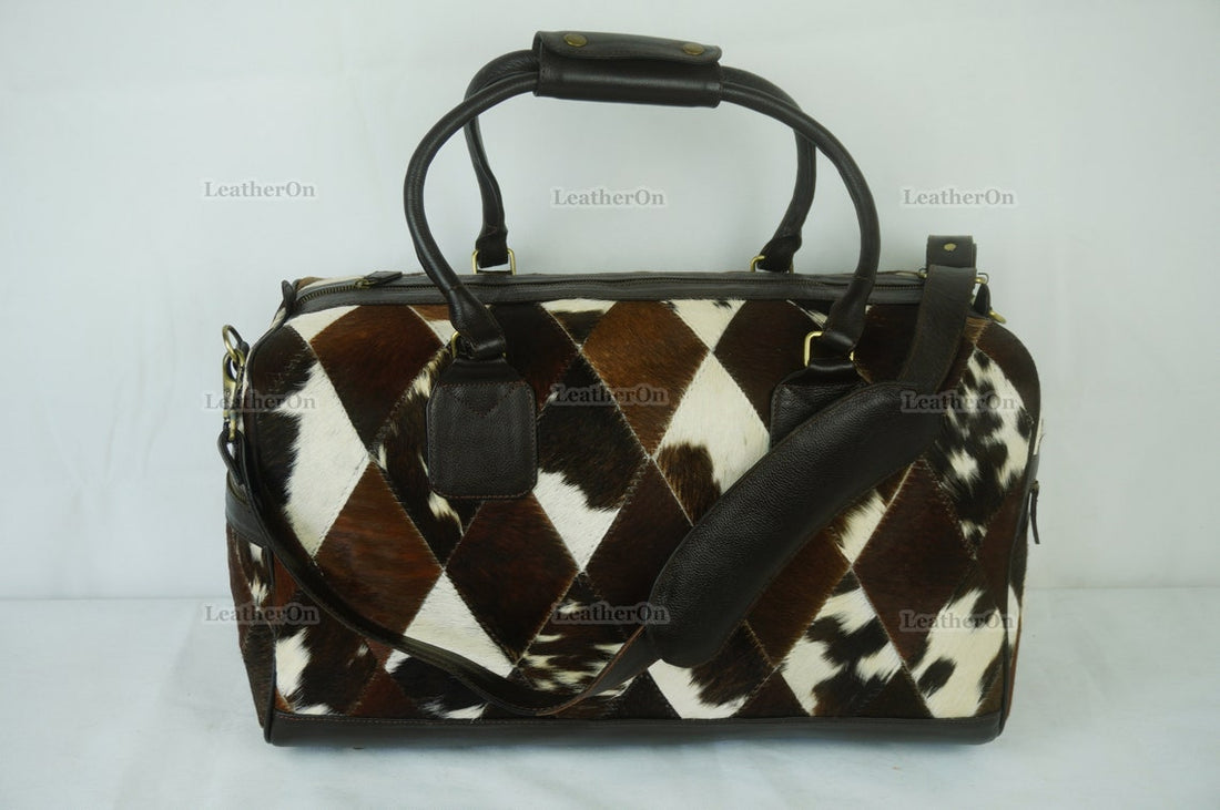 Cowhide Patchwork Duffel Bag | Tricolor Cowhide Duffel Bag | Hair-On-Leather Travel Bag | Cowhide Luggage Bag | Handmade Duffel Bag | DB94