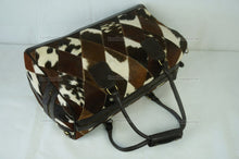 Load image into Gallery viewer, Cowhide Patchwork Duffel Bag | Tricolor Cowhide Duffel Bag | Hair-On-Leather Travel Bag | Cowhide Luggage Bag | Handmade Duffel Bag | DB94
